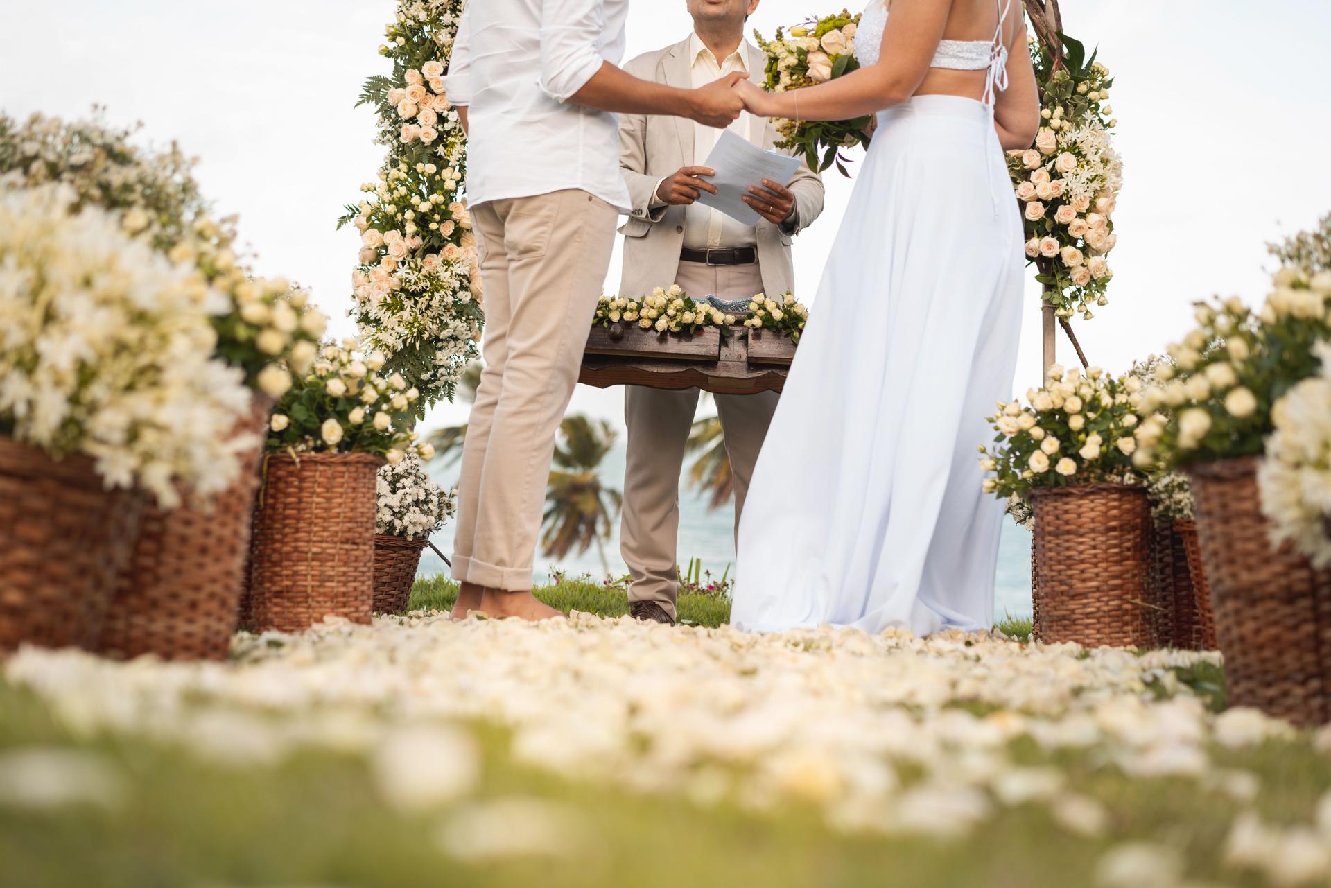 Elopement wedding, white rose petal path